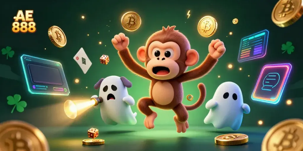 Experience the AE 888 casino adventure with a playful monkey juggling gold while a puppy searches.