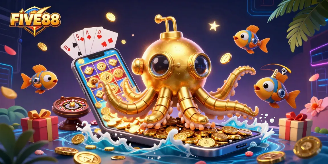 Join the adventure at FIVE88 with the golden kraken submarine amid spinning slot games and golden coins.