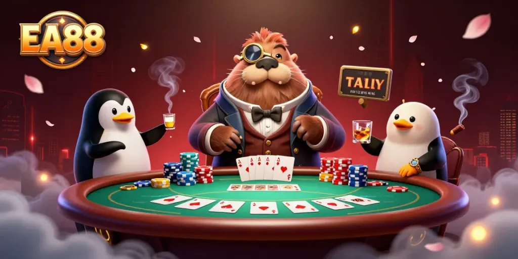 Engaging underwater poker scene featuring EA88 with a walrus, penguin dealer, and pufferfish player bluffing at a poker table.