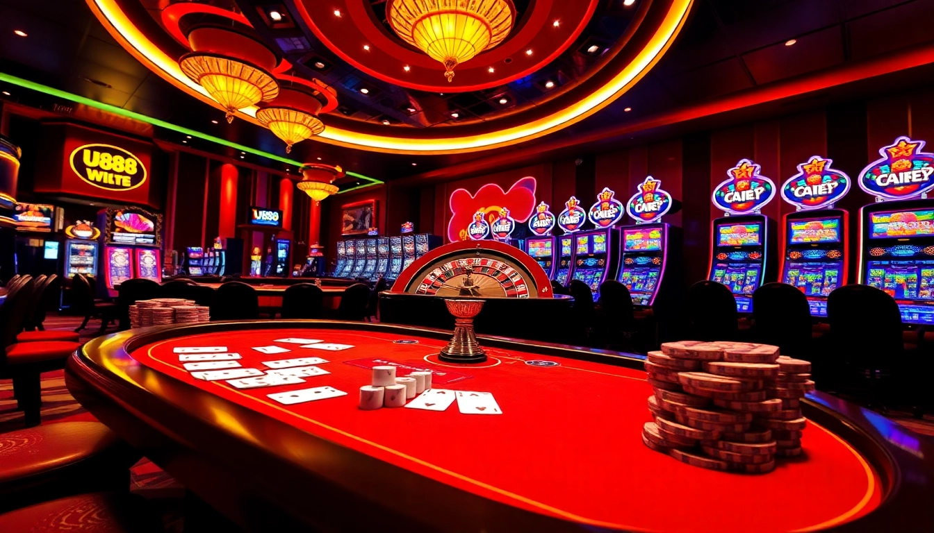 Engaging U888 Love casino experience with vibrant tables, cards, and spinning roulette wheel.