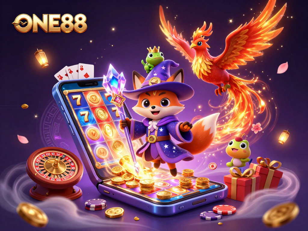Engage with ONE88's thrilling online slots as the wizard, phoenix, and enchanted frog illustrate a magical gaming experience.
