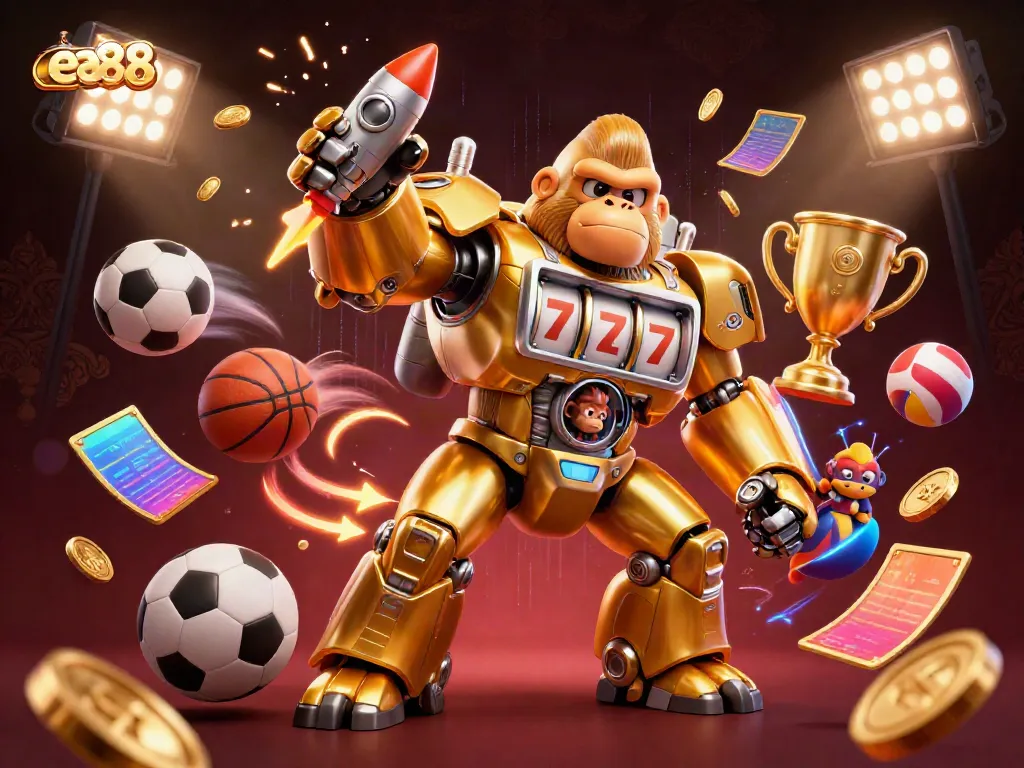 Experience thrilling action with ea88, showcasing a golden gorilla mech bursting with coins.