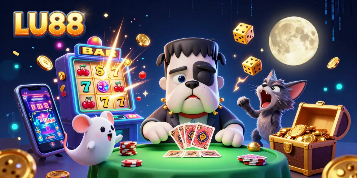 Experience thrilling gaming with LU88’s vibrant casino scene featuring a Frankenstein bulldog dealing cards and a jackpot explosion.