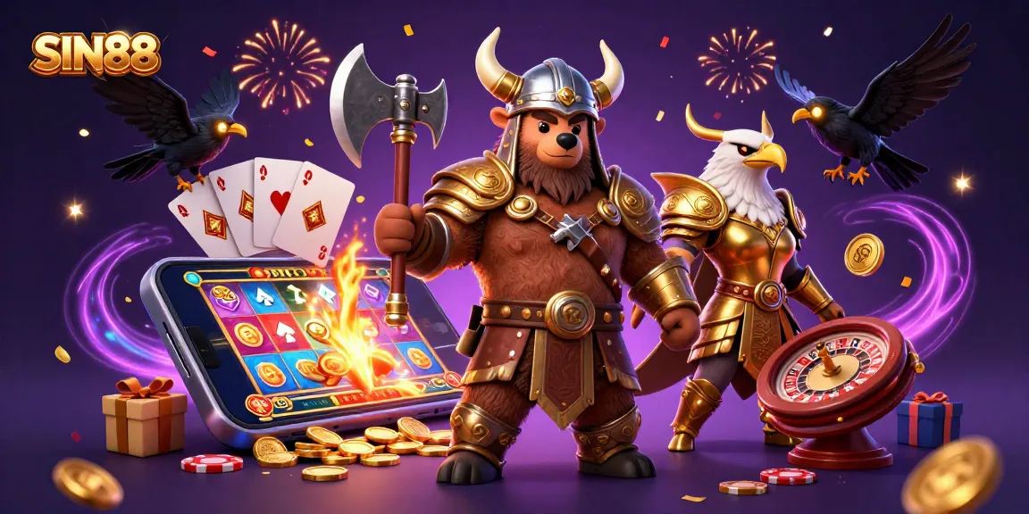 SIN88 showcases a thrilling casino adventure with a Viking bear, Valkyrie eagle, and dynamic gambling elements.