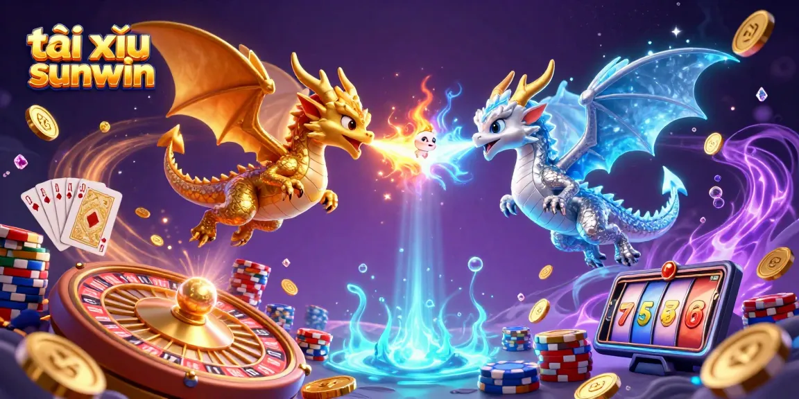 Engage in tài xỉu sunwin with twin dragons battling fire and ice in an enchanting casino scene.