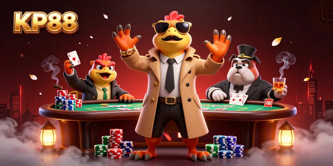 Experience gaming excitement at KP88 with cartoon raptors at a vibrant casino setting.