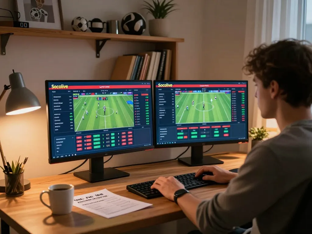 Socolive online sports betting setup featuring dual screens and organized strategy notes