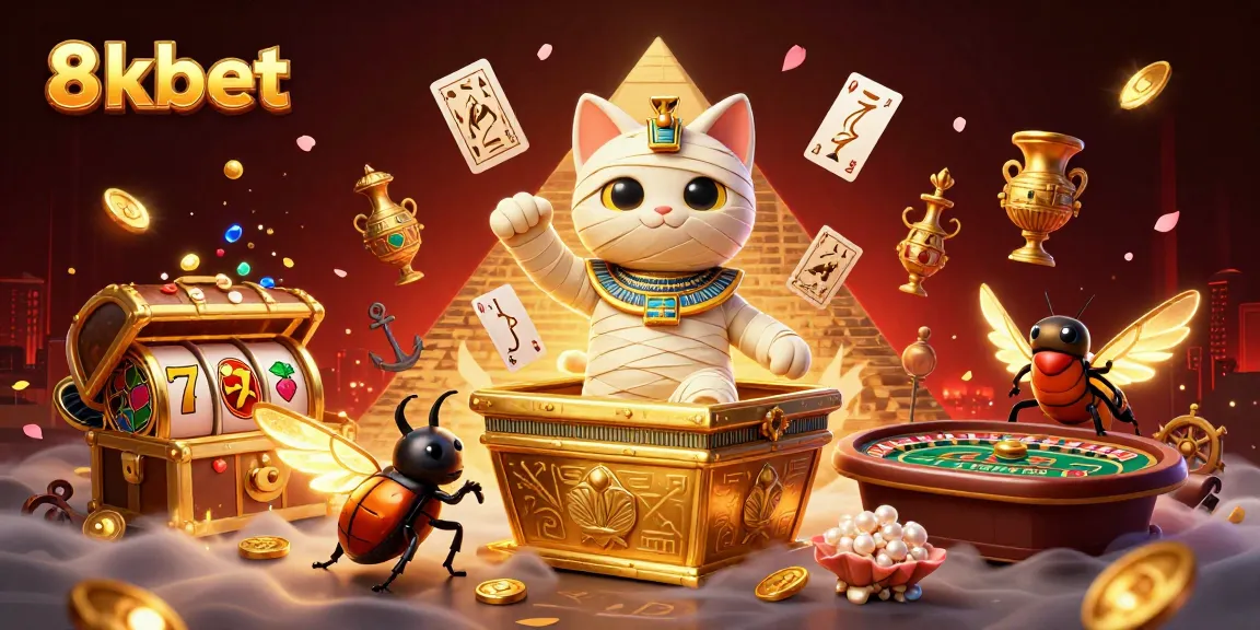 Experience exciting wins at 8kbet with a vibrant 3D rendering of an Egyptian-themed casino scene.