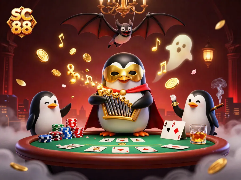Engaging scene with SC 88 penguin character and poker elements, showcasing vibrant casino action.