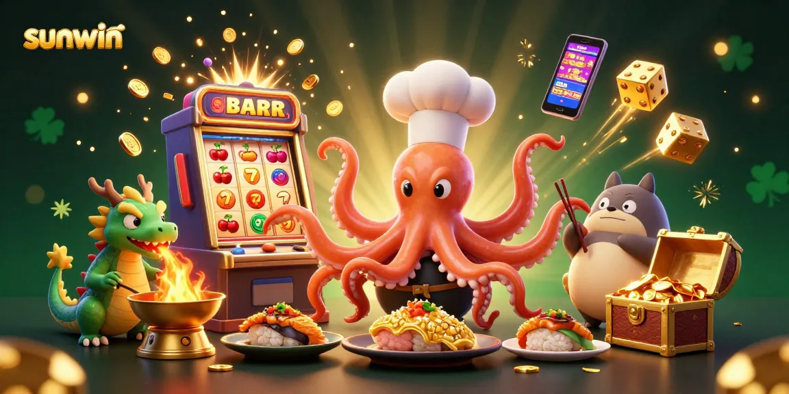 Experience sunwin's vibrant casino magic with a whimsical 3D sushi chef octopus and friends.