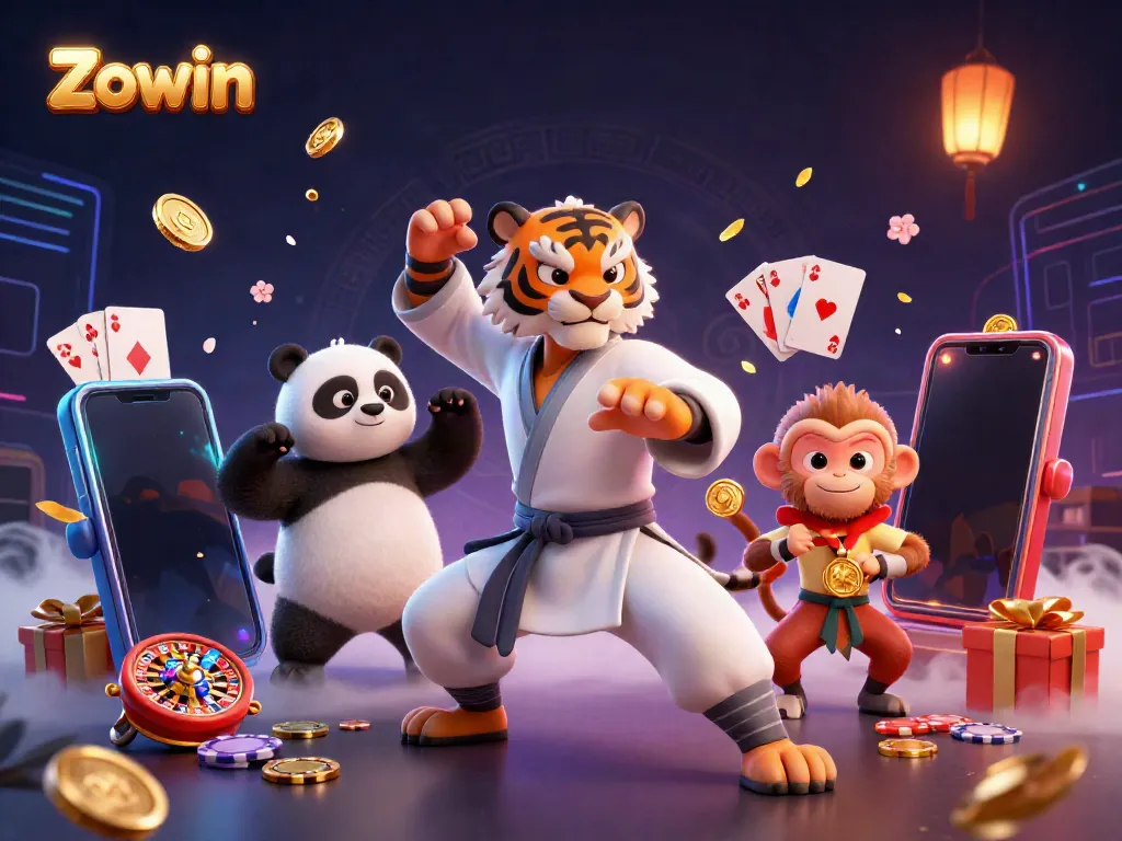 Join Zowin's thrilling games with a kung fu tiger master, panda disciple, and mischievous monkey amid a vibrant casino scene.
