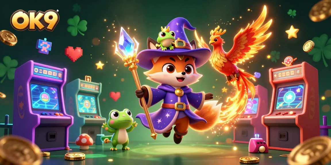 Experience thrilling gaming at OK9 with a mystical wizard fox and a fiery phoenix among vibrant casino elements.
