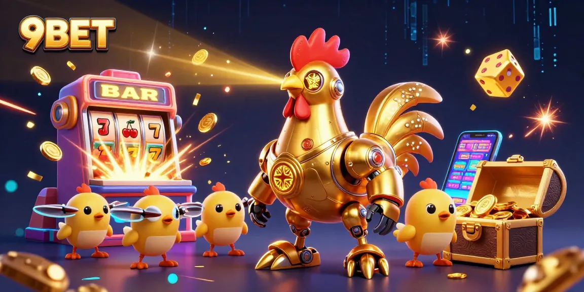 Engage with 9BET featuring a dazzling golden rooster robot amid thrilling casino adventures.