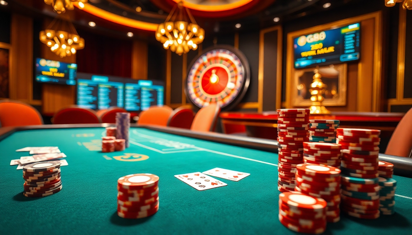 The excitement of gambling at a luxurious casino table featuring chips and cards, with options displayed on https://gg88.ltd/.