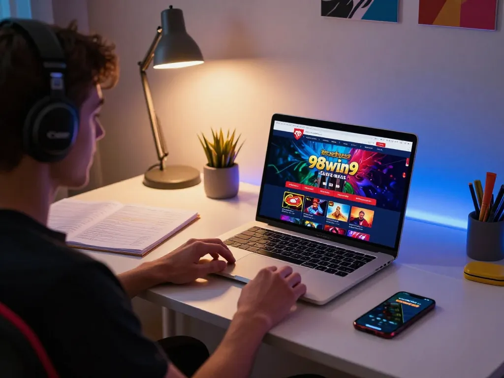 Engaging in online casino gameplay on 98win9 site with a cozy home setup.