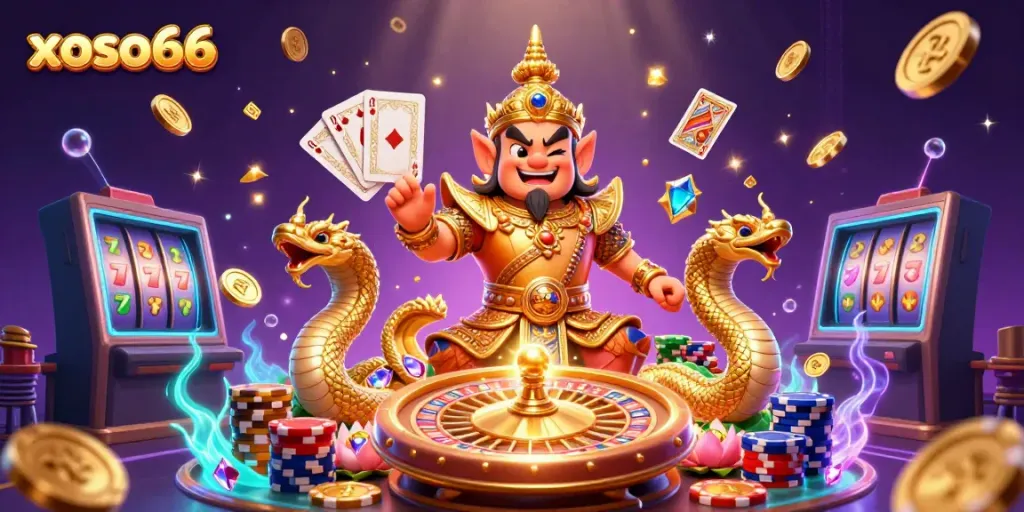Engage with xoso66, featuring a 3D Thai temple guardian and vibrant casino elements.