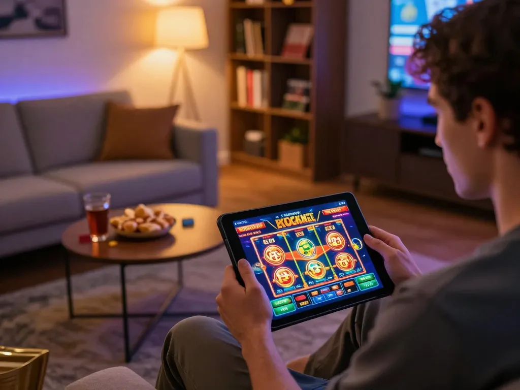 Engaging gaming session with Link truy cập Bom88 on a tablet amidst a cozy home setup