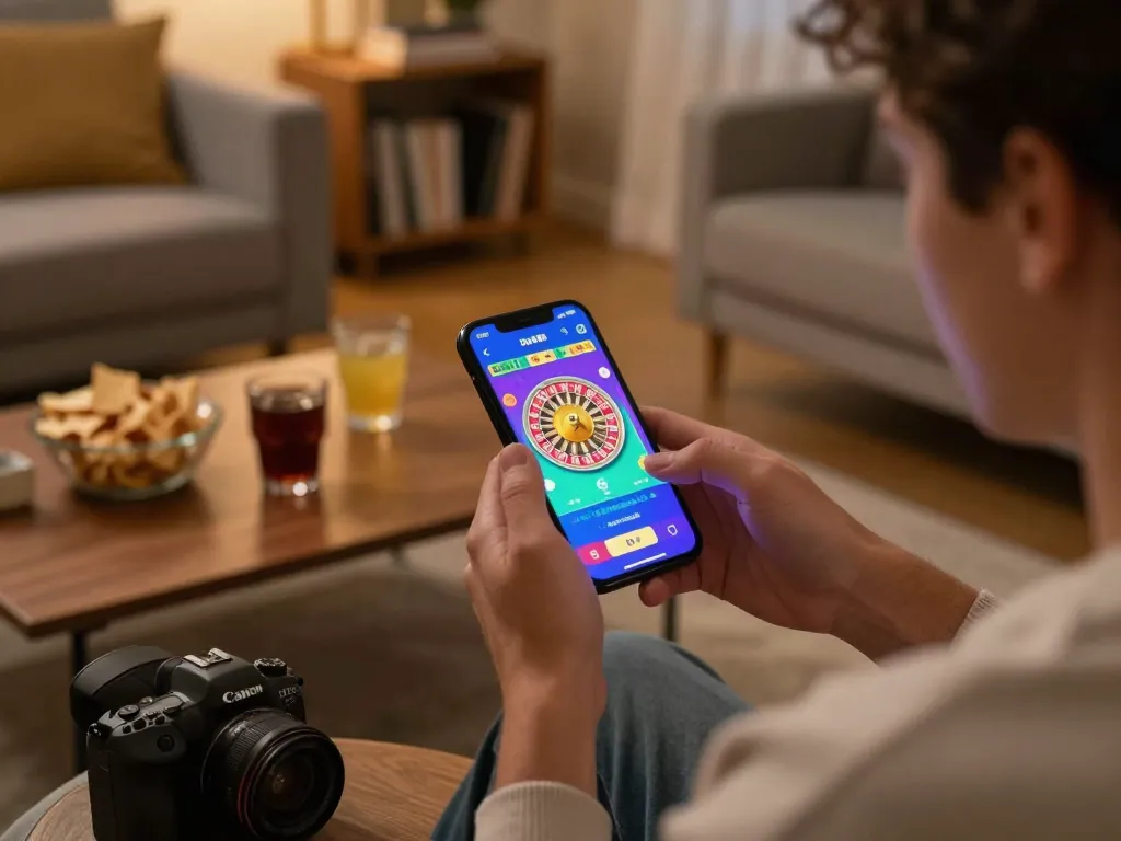Player enjoying the App Da88 while gaming at home using a smartphone in a cozy setting.
