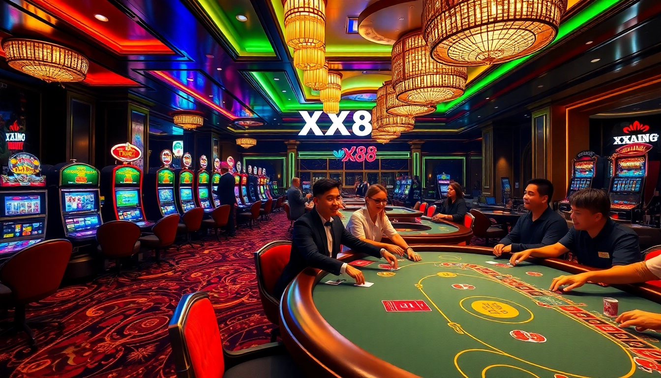 Engaging scene at XX88 casino with players at poker and slot machines, highlighting excitement.