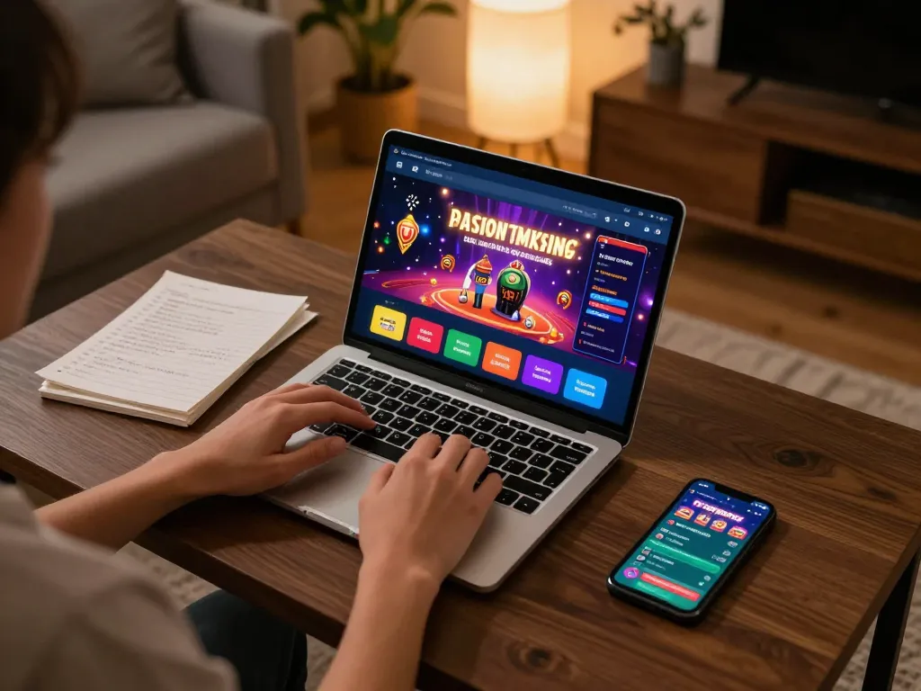 Engaging with rokok88 link alternatif on a laptop, showcasing online gaming strategies.