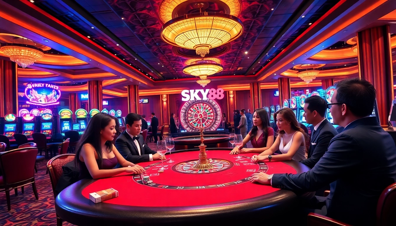 Experience the excitement of SKY88 in a vibrant casino atmosphere with poker tables and roulette wheels.