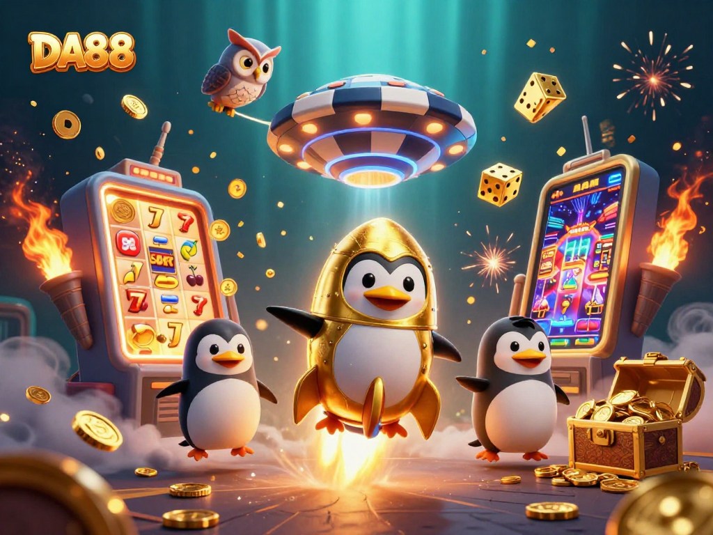 DA88 penguin flying to a golden poker chip casino, surrounded by winning slot machines and colorful game elements.