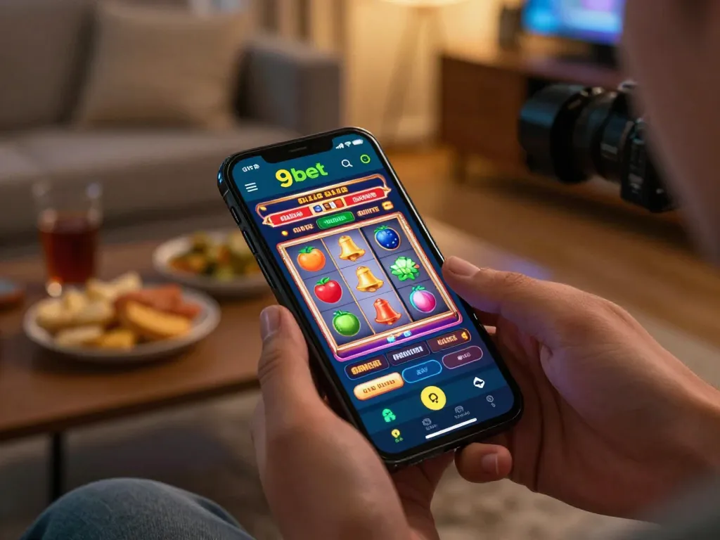 Access Link truy cập 9bet gameplay on mobile, showing vibrant slot machine reels in action.
