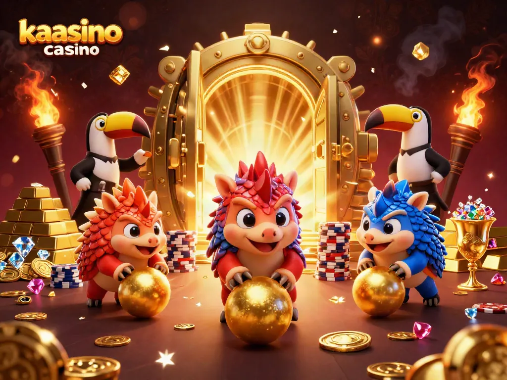 Kaasino casino features cartoon pangolins bowling through poker chips and golden treasures in an engaging gaming scene.