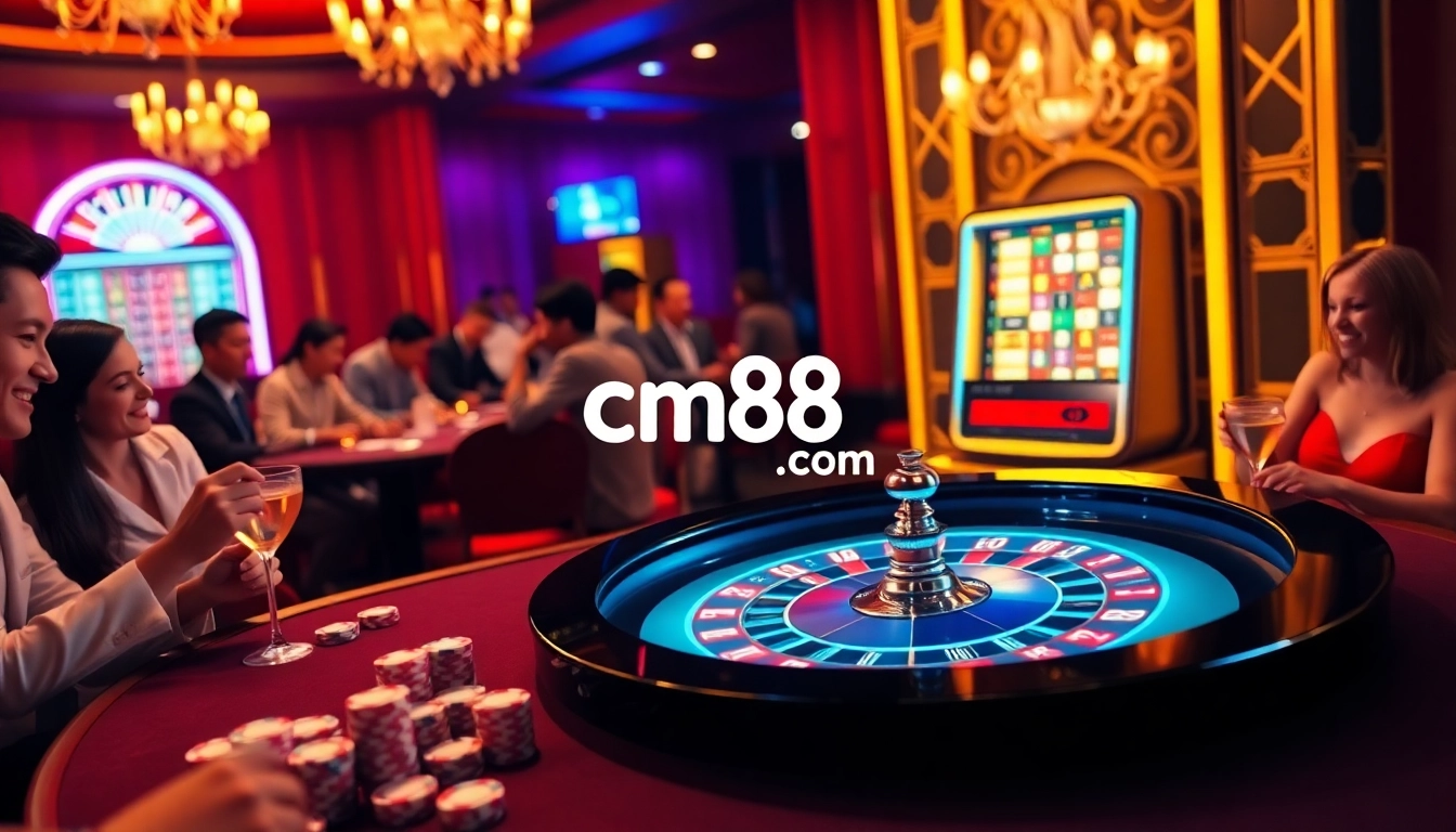 Players enjoying a thrilling roulette game at cm88.com while surrounded by vibrant casino decor.