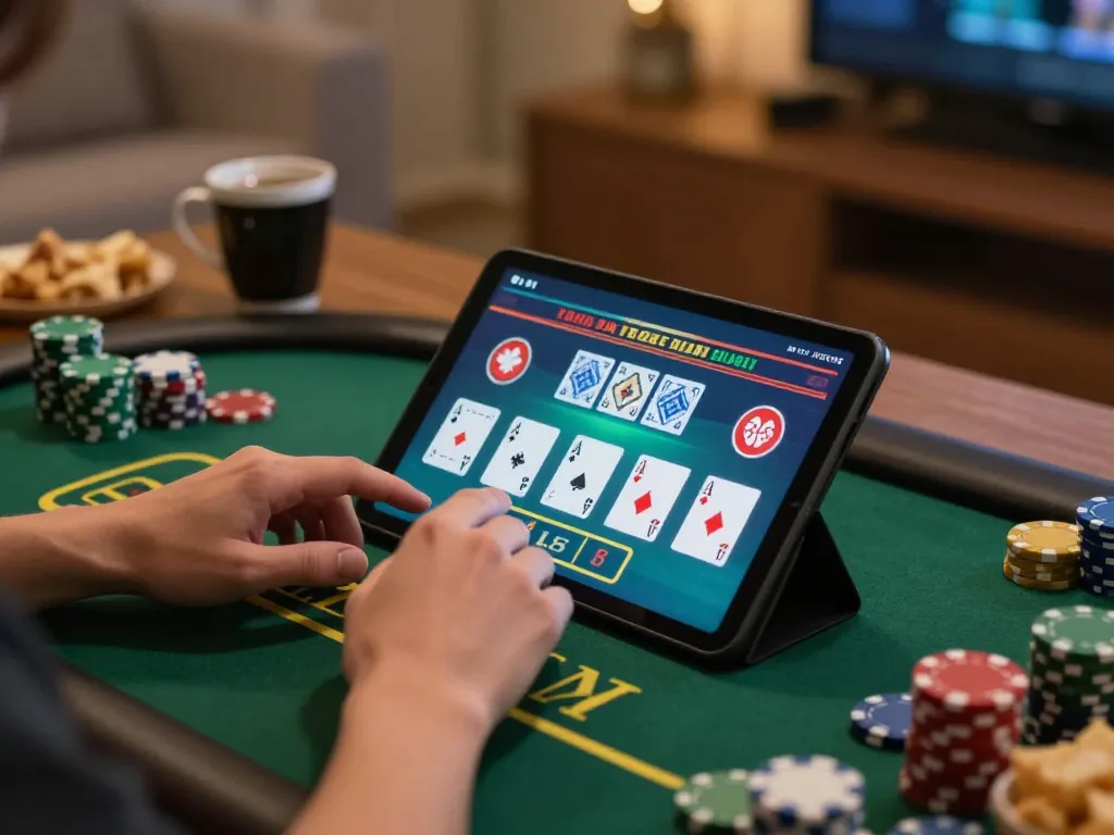 NoHu player engaging in intense blackjack action on a tablet, showcasing strategic gameplay and a cozy home environment.