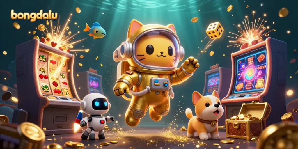Experience the excitement of bongdalu 606 with the astronaut cat and robot dog amidst a dynamic casino scene.