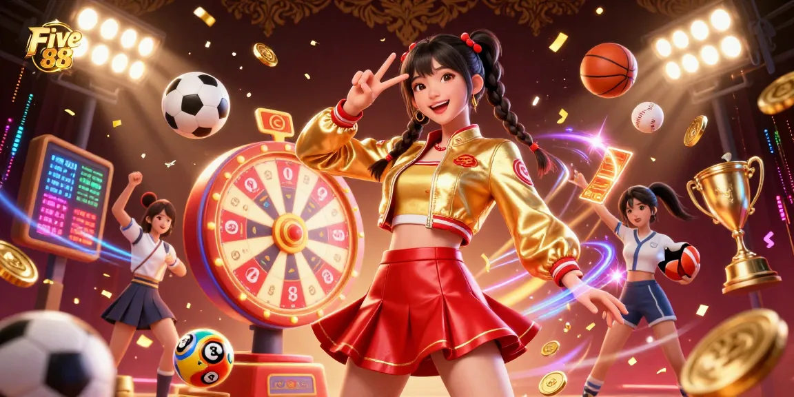 Engage in thrilling action at Five 88 with vibrant characters, lottery balls, and dynamic sports elements.
