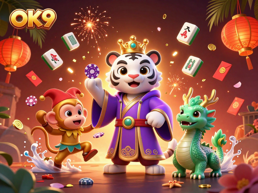 Experience thrilling gaming at OK9 with the vibrant colorful casino scene featuring lively characters.