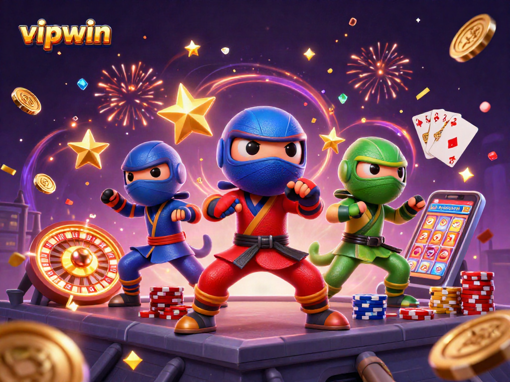 Experience the excitement of vipwin with ninja chameleons amidst cascading coins and thrilling casino elements.