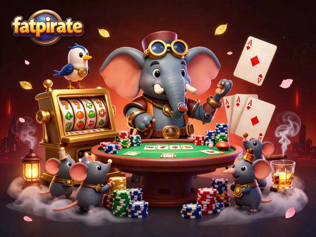 Experience the excitement of fatpirate as a steampunk elephant operates a slot machine amidst dynamic casino elements.