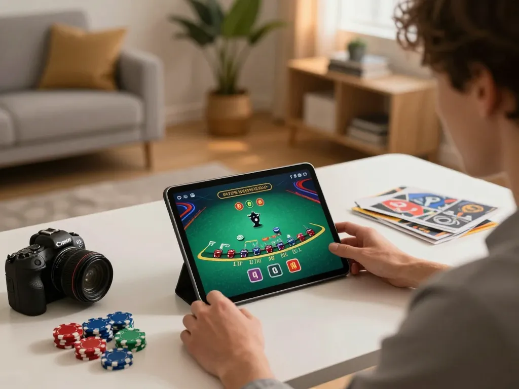 Engaged player on Fun88 com enjoying online blackjack with strategy notes at home
