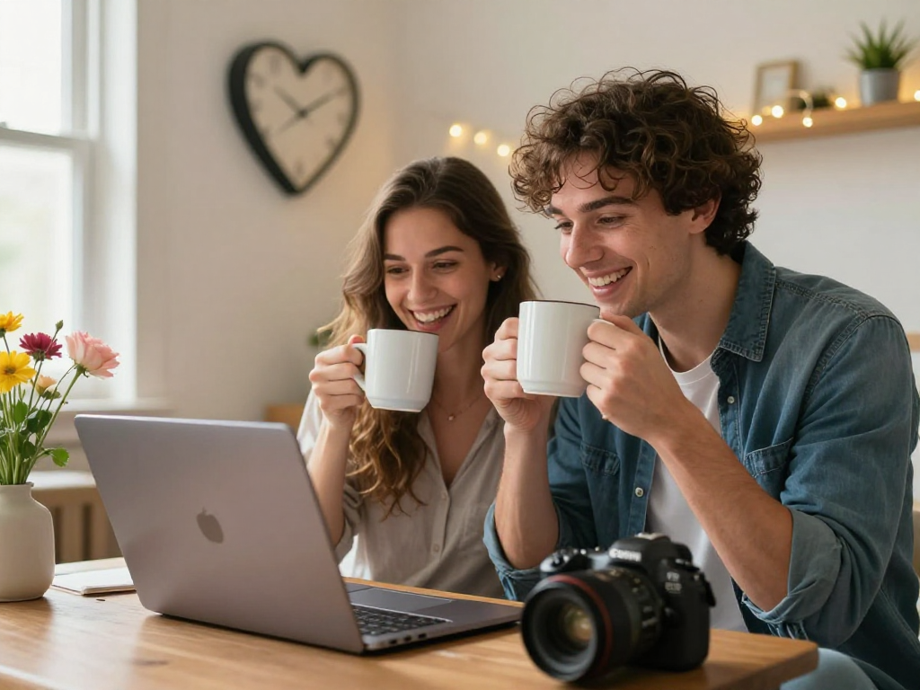 Couple enjoying a video chat, embodying the essence of f168dating in a warm and inviting setting.