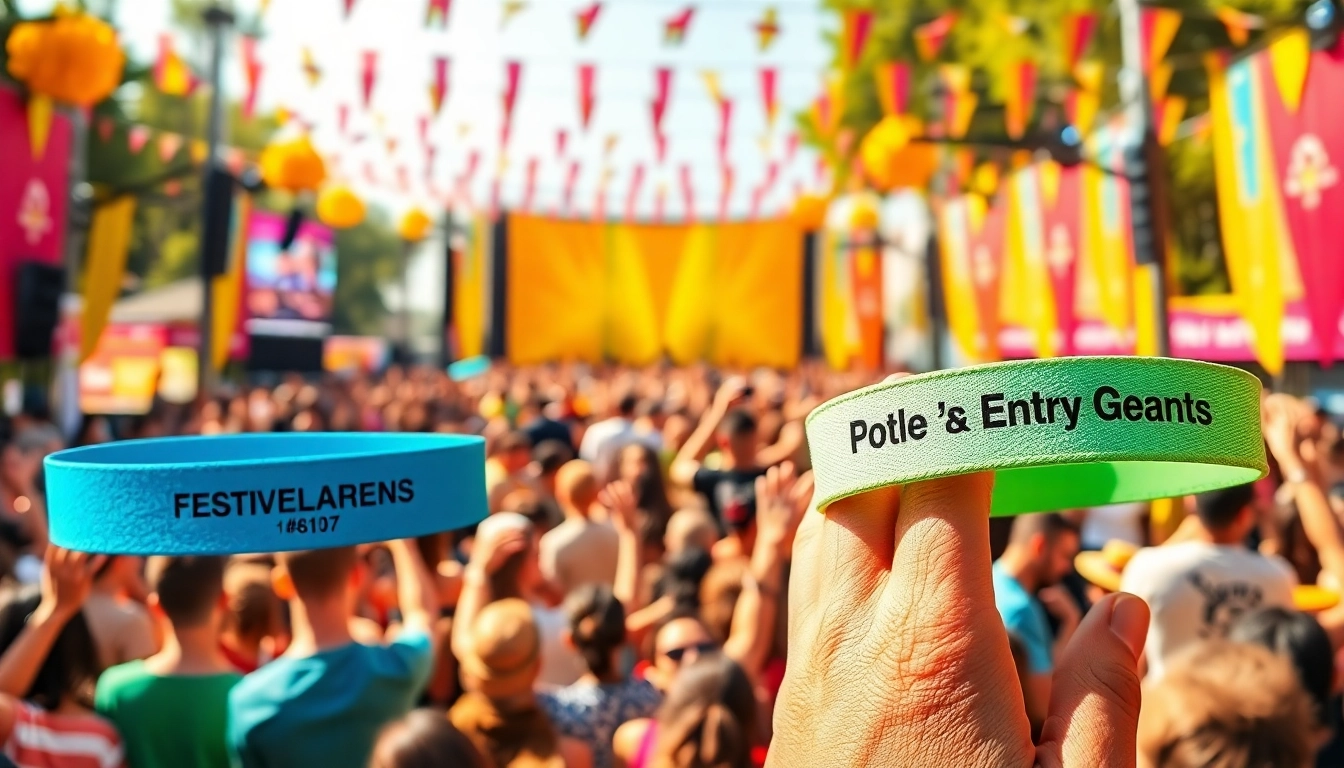 Personalisierte Einlassarmbänder mit lebendigen Designs auf einem lebhaften Festival.