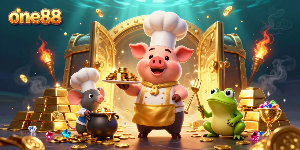 Win big at one88 with a vibrant and captivating casino scene featuring gold coins and treasures.