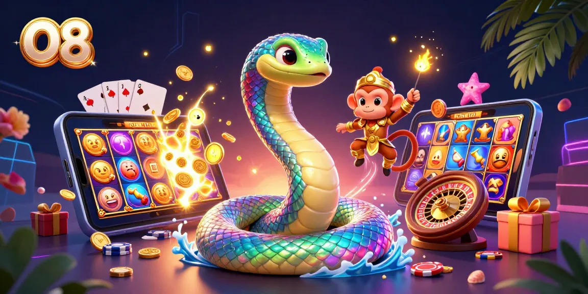Experience thrilling action with O8-themed casino games amidst vibrant 3D characters and elements.