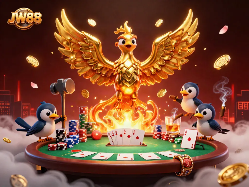 JW88 showcases a molten golden phoenix amidst chips and cards, highlighting a dynamic casino scene.