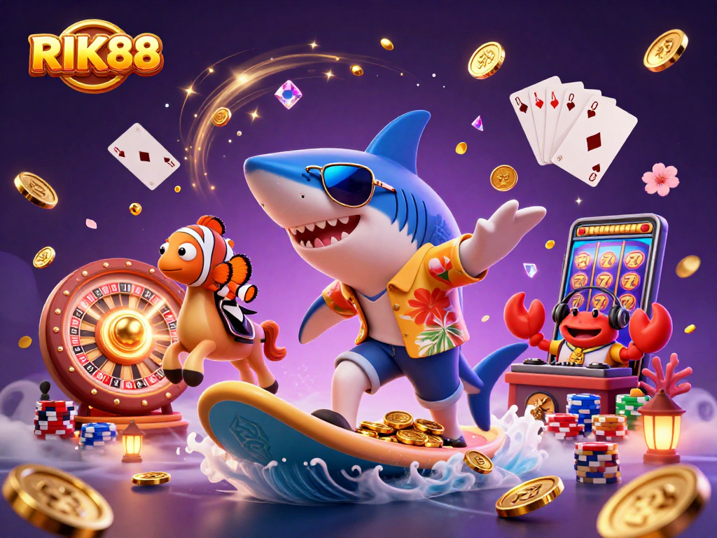 Bet big with RIK88 as a cartoon shark rides coins amidst vibrant casino elements.