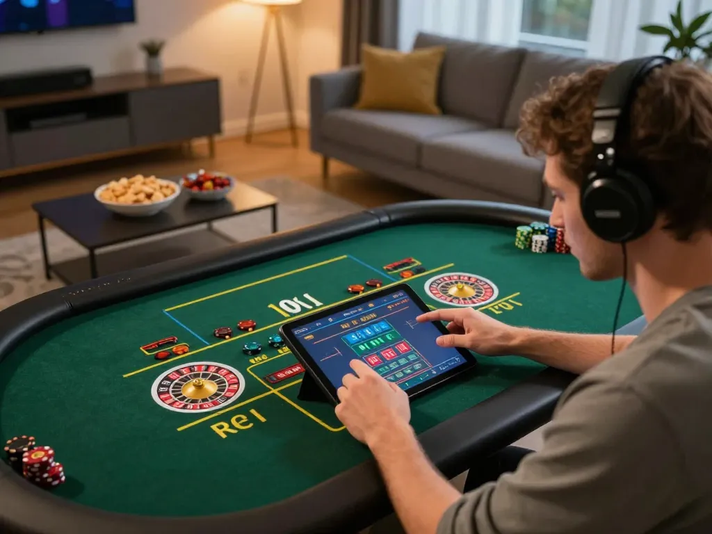 Player enjoying live gaming experience at Trang chủ Dabet on a tablet in a cozy living room.