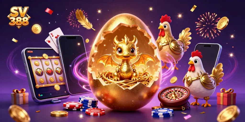 Experience the thrill of SV 388 with a golden baby dragon on poker chips amidst a vibrant casino scene.