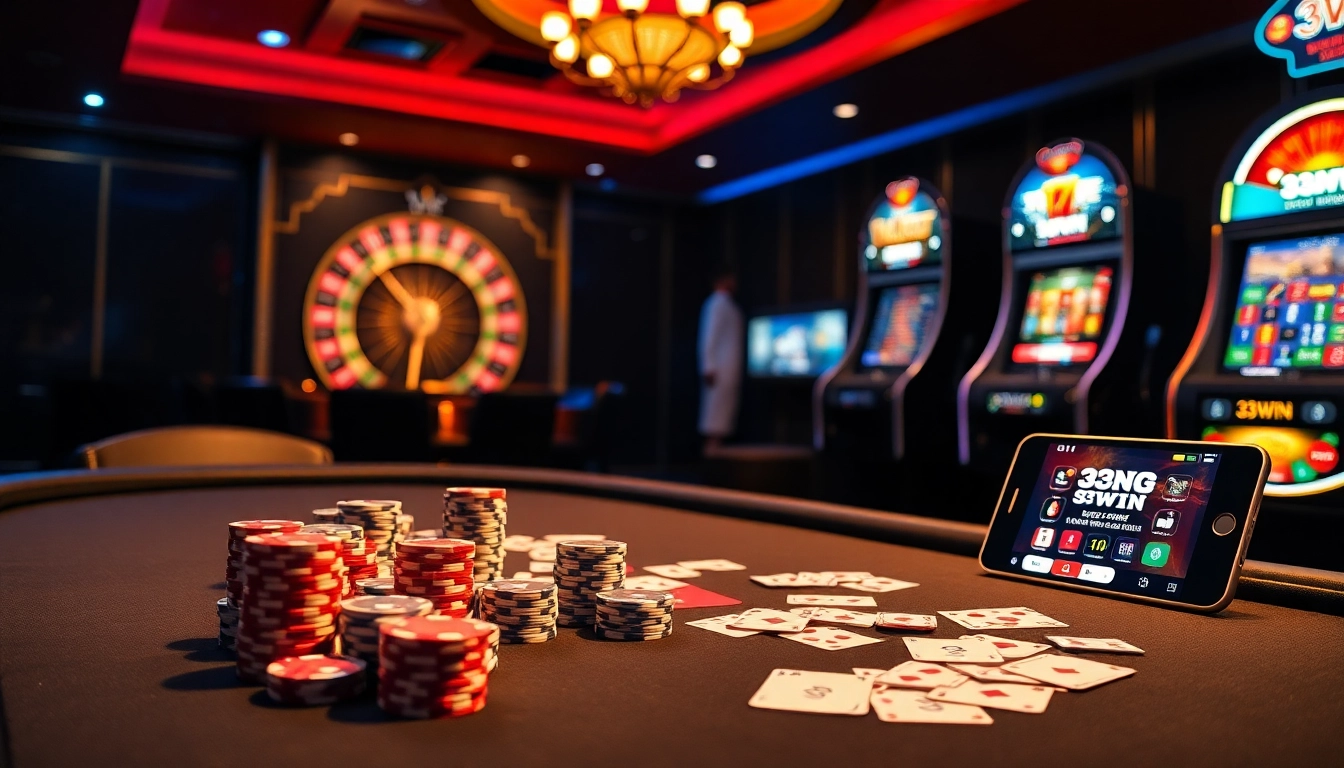 Play exciting games at 33WIN's gambling tables with vibrant poker chips and sleek digital interfaces.