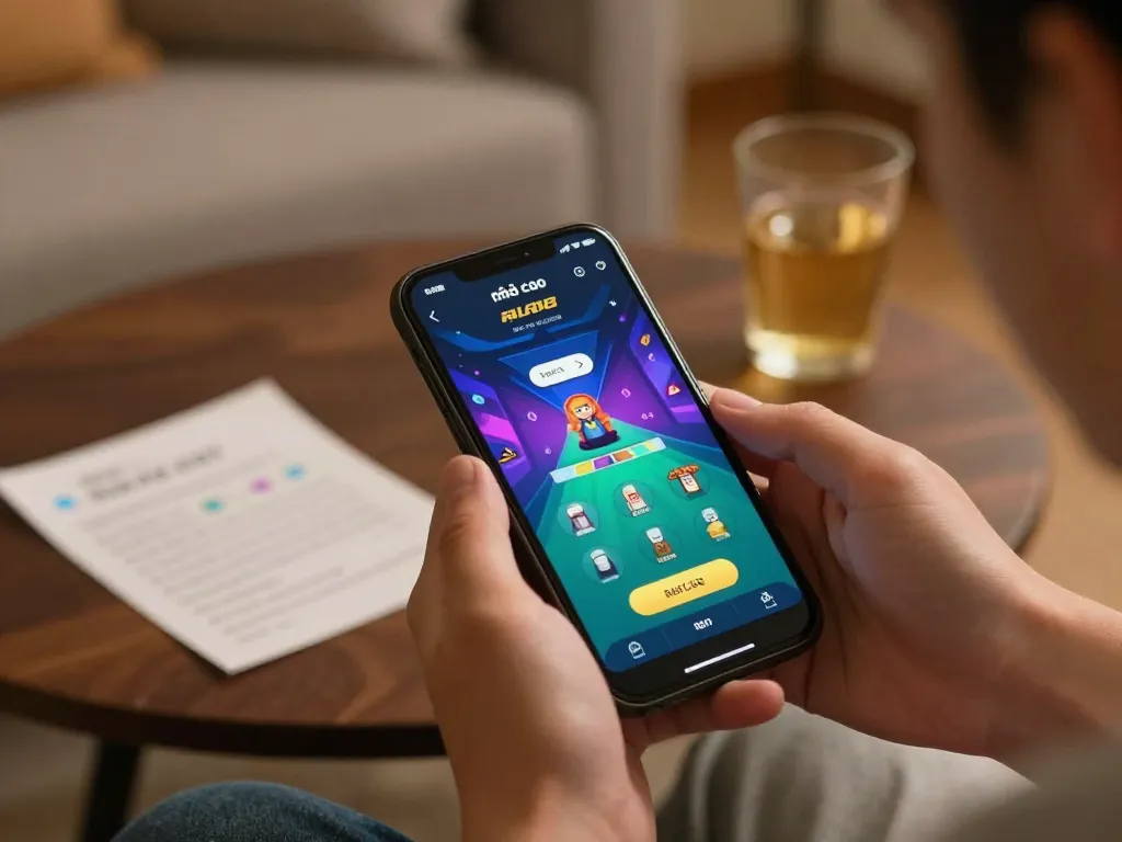 Player enjoying the nhà cái alo8 app on a smartphone in a cozy home setting, emphasizing online gambling experience.