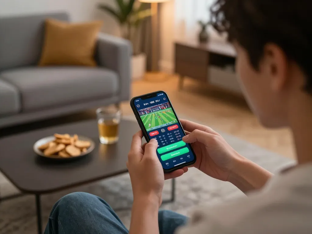 TIP88 player placing bets on a smartphone with live sports odds displayed in a cozy home setting