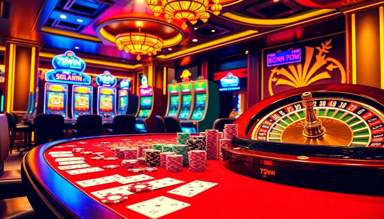 Experience thrilling games at 78WIN's vibrant casino with poker chips, cards, and slot machines.