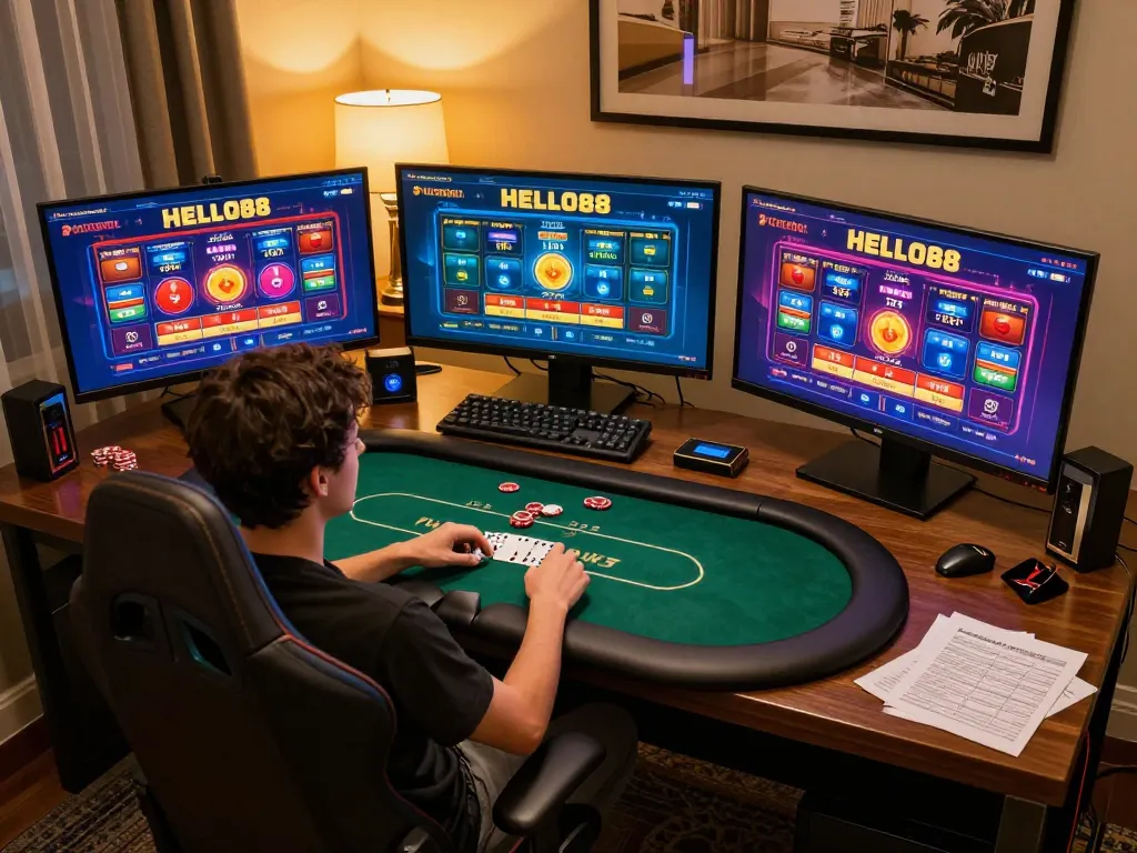 Engaging in strategic gameplay on HELLO88's online poker platform during a cozy home session