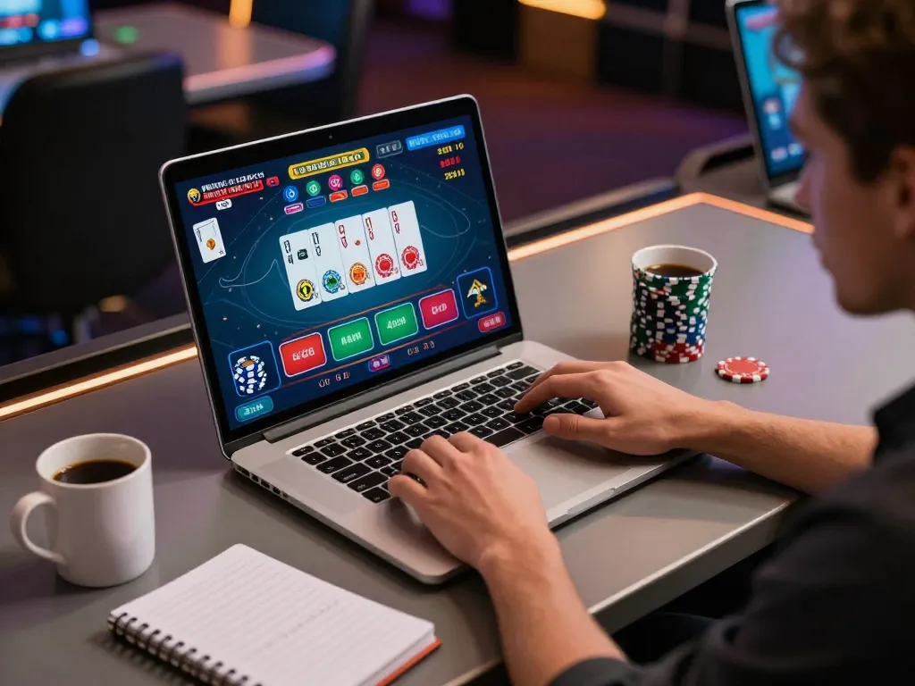 Player engaging in online gaming with Nhà cái Jun88 on a laptop, displaying vibrant casino interface.